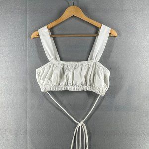 Zara Womens Crop Top Large White Lace up Babydoll Gathered Tops Beach Summer